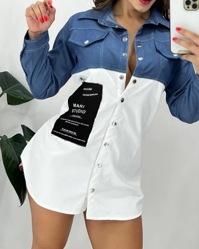 

Women's Dresses 2023 Contrasting Colors Denim Look Print Patchwork Buttoned Shirt Dress Long Sleeve Cardigan Shirt Mini Dress