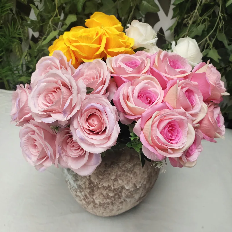 

Pink Silk Artificial Rose Bouquet Simulation Green Plant Flowers Wedding Bridal Bouquet Home Living Room Balcony Garden Decor
