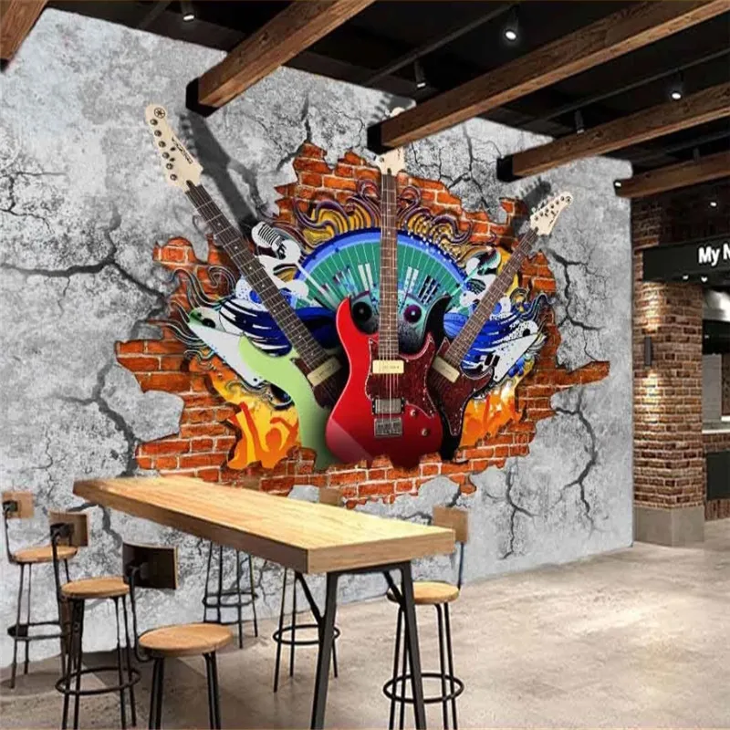 

Retro Guitars Shabby Gray Cement Background Brick Wall Paper 3D Bar KTV Music Bar Club Decor Mural Wallpaper Papel De Parede 3D