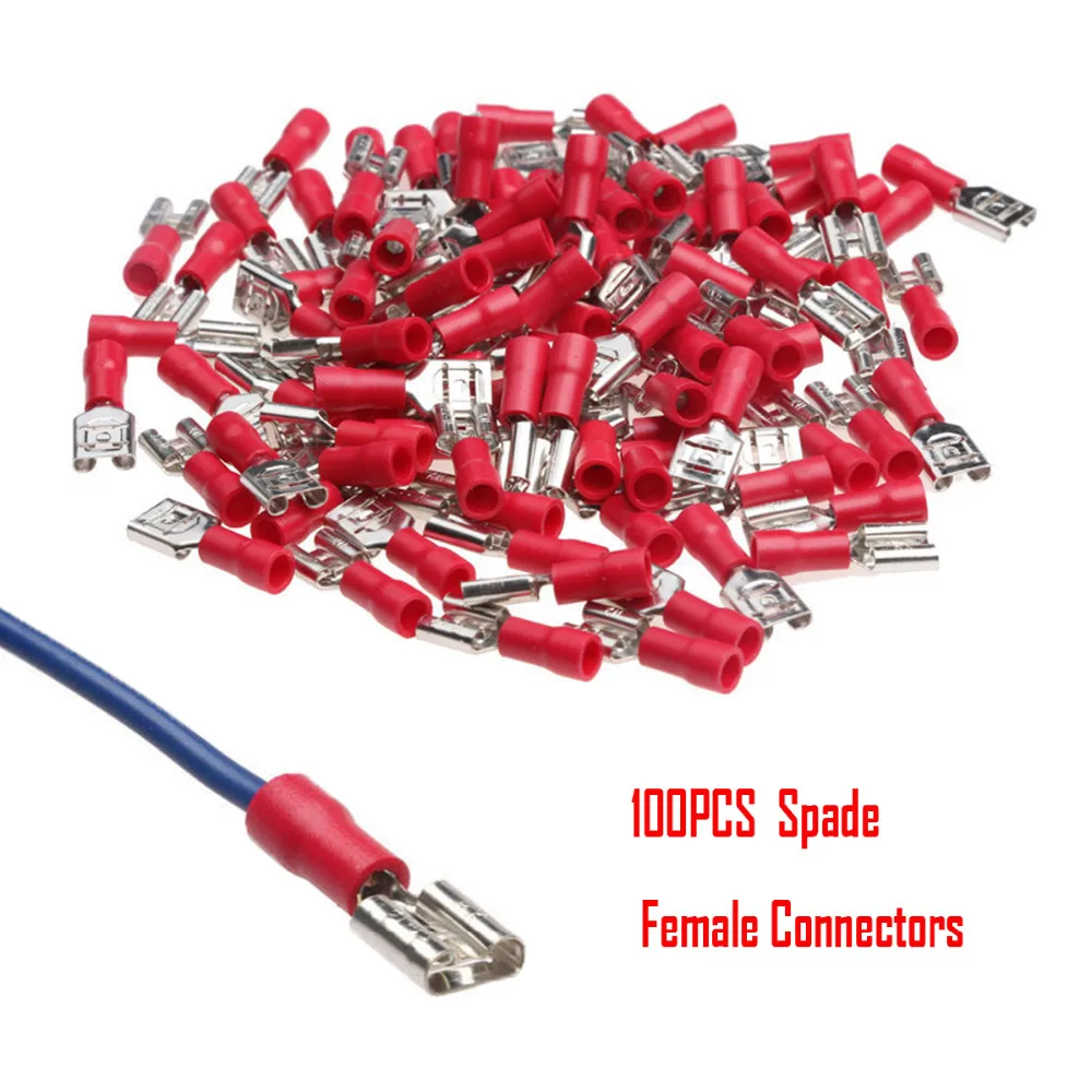 

100Pcs 6.3mm Female Terminals Red Quick Spade Wire Connector Insulated Electrical Crimp Terminals Set Quick Disconnects 22-18AWG