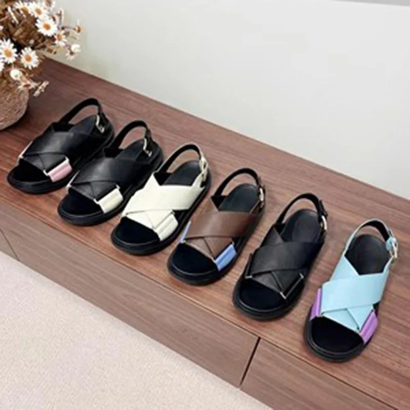 

FAFA Genuine Leather Thick-soled Sandals Female 2023 Summer New Cross Strap Hundred Fashion Flat Bottom Open Toe Roman Shoes