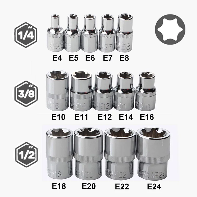 

14 Pcs E4-E24 Female E-Torx Star Socket Set 1/4" 3/8" 1/2" Drive Inverted E-Torx Star Bit Female External Torque Socket Set