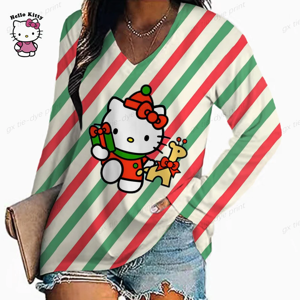 

Женская футболка с длинным рукавом, V-образным вырезом и принтом HELLO KITTY