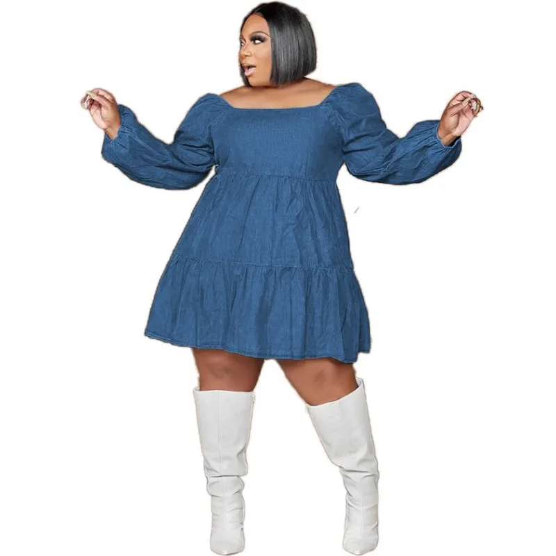 

Plus Size Women Denim Dress Slash Neck High Waist Ropa Mujer Spring Autumn New Solid Cascading Ruffle Streetwear Oversize Dress