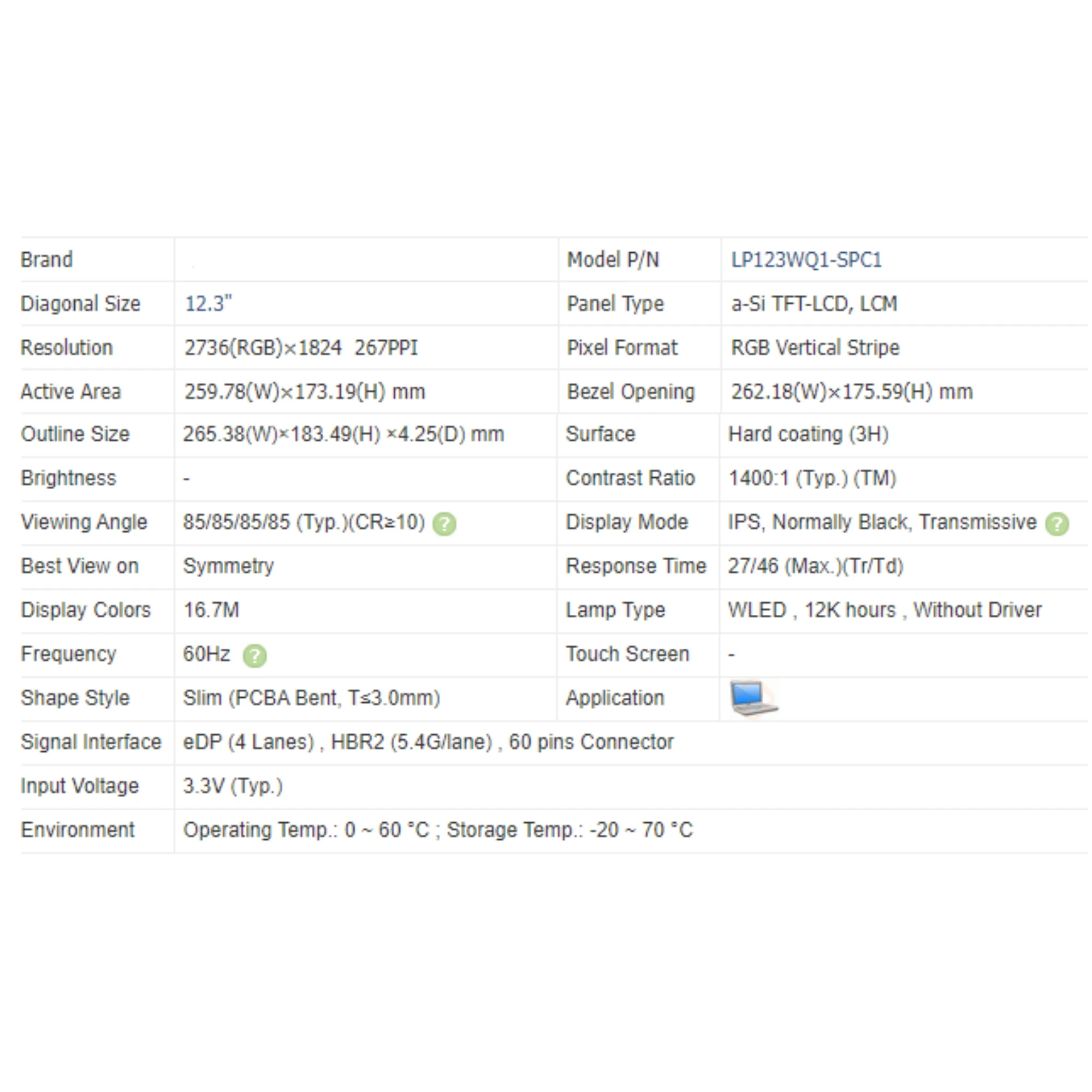 Панель ЖК-дисплея LP123WQ1 SPC1 2736x1824 12,3 дюйма