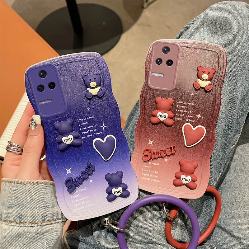 

3D Wavy Gradient Sweet Bear Phone Case for Xiaomi Redmi K30 Pro Redmi K40 Redmi K50 Bracelet Protection Back Cover