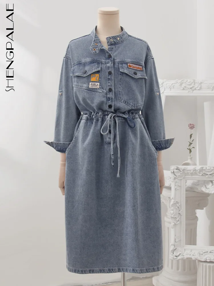 

SHENGPALAE модное Синее джинсовое платье с длинным рукавом на завязках на талии, платье выше колена Vestido, Женская весенняя одежда 2023, новая одежда 5R2126