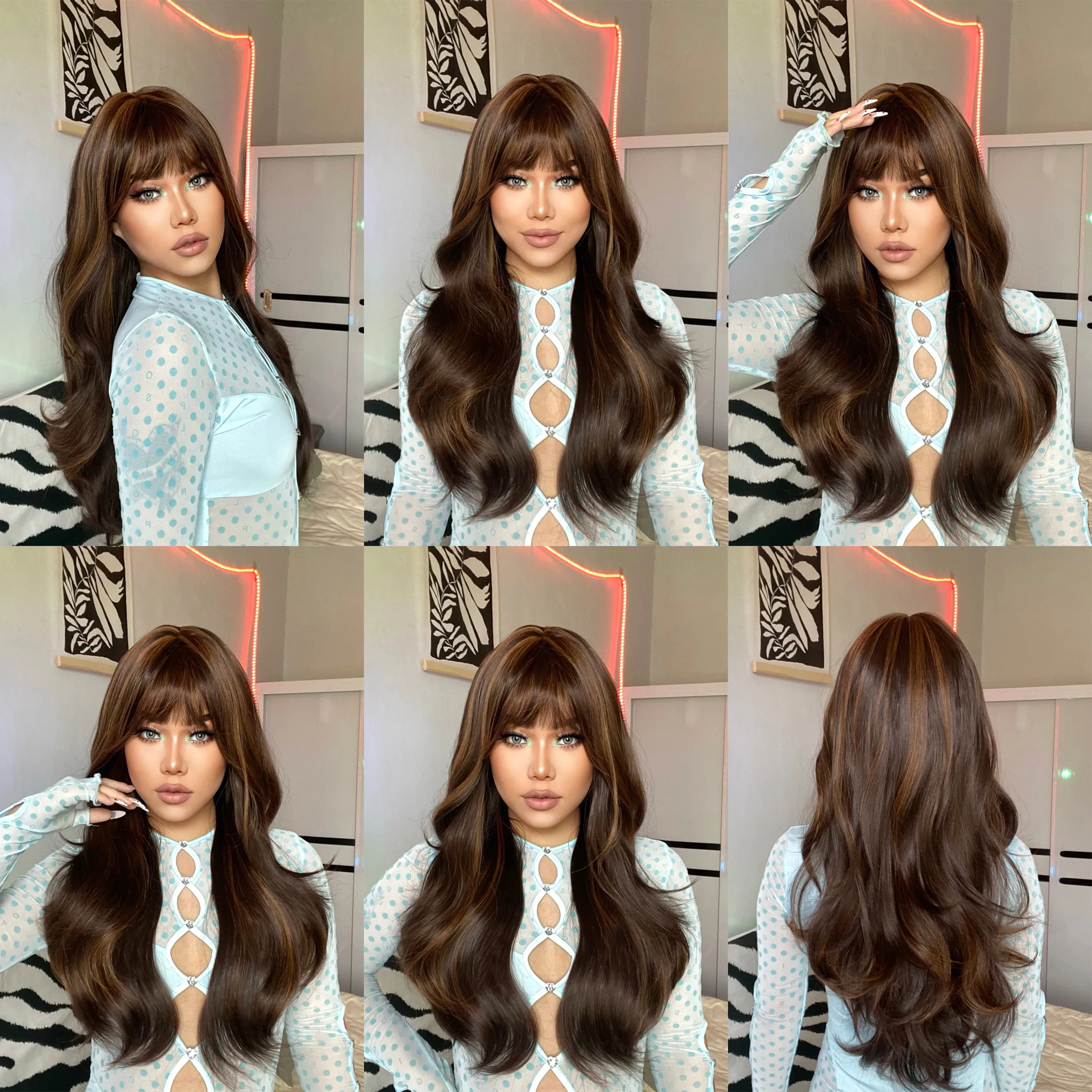 LOUIS FERRE Highlight Colored Wig for Women Long Wave Brown Blonde Ombre Bob Hair Wig with Bangs Daily Heat Resistant Fibre