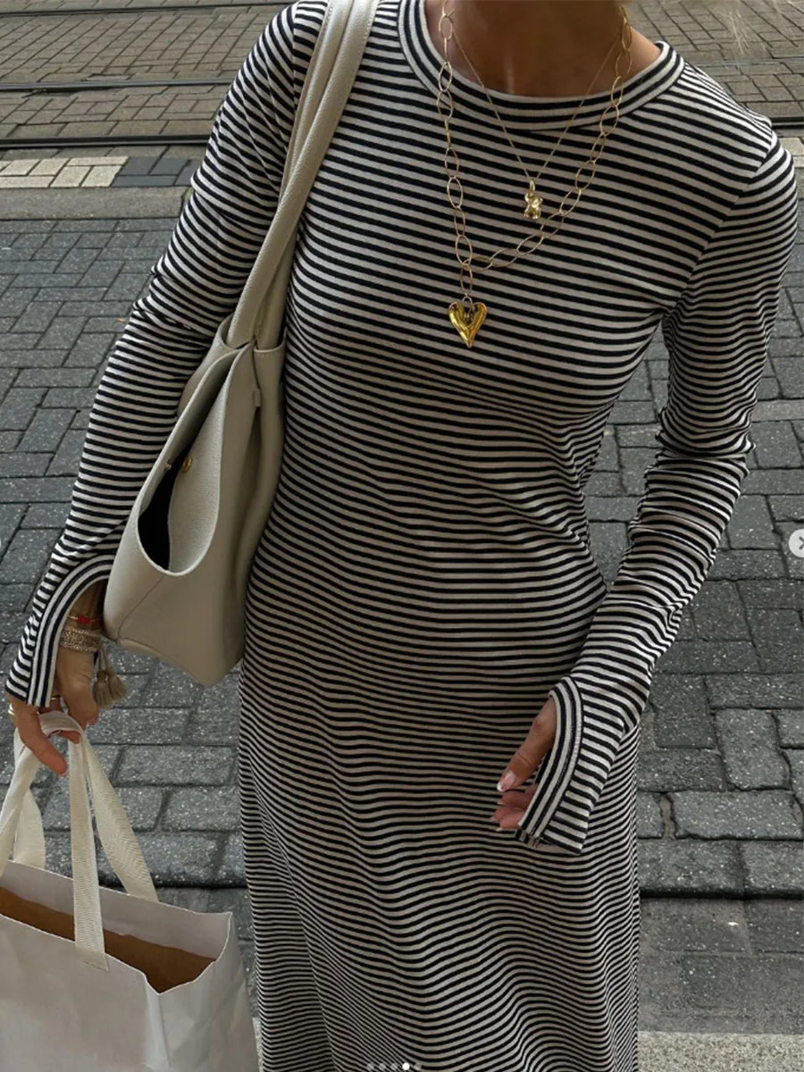 

Y2k Striped Maxi Dress Fashion Long Sleeve Backless Dress Pullover A Line Long Dress Party Dresses for Women