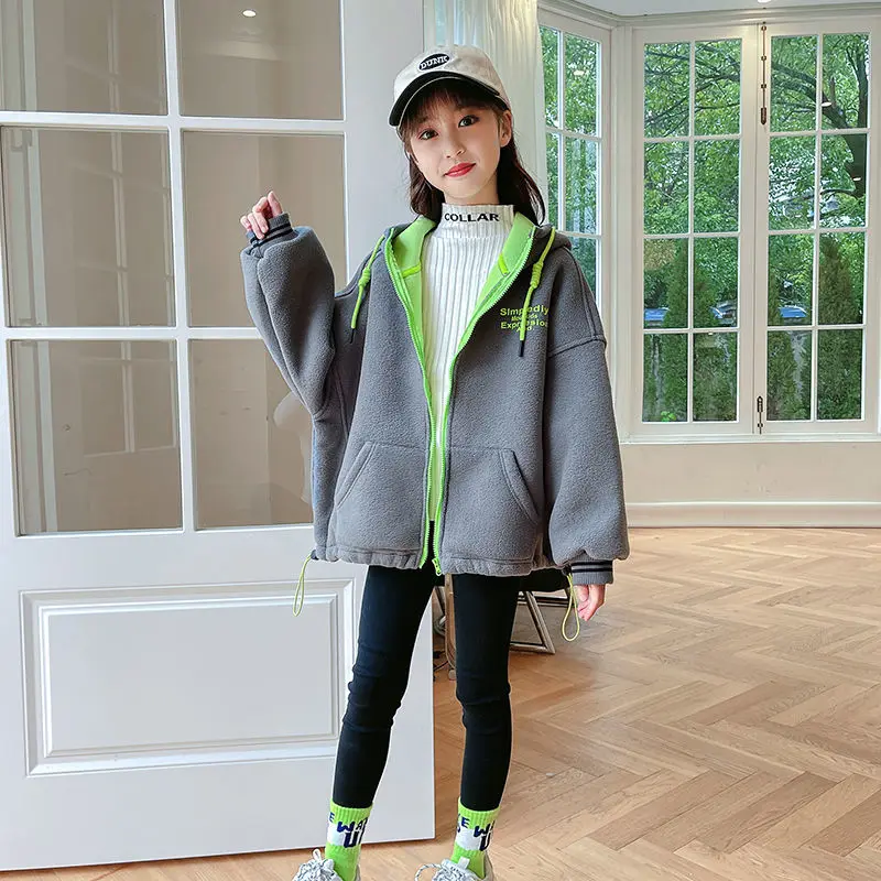 

2022 New children's polar fleece jacket Girls' fashionable gray warm sweater Middle and big children's thickened hooded jacket
