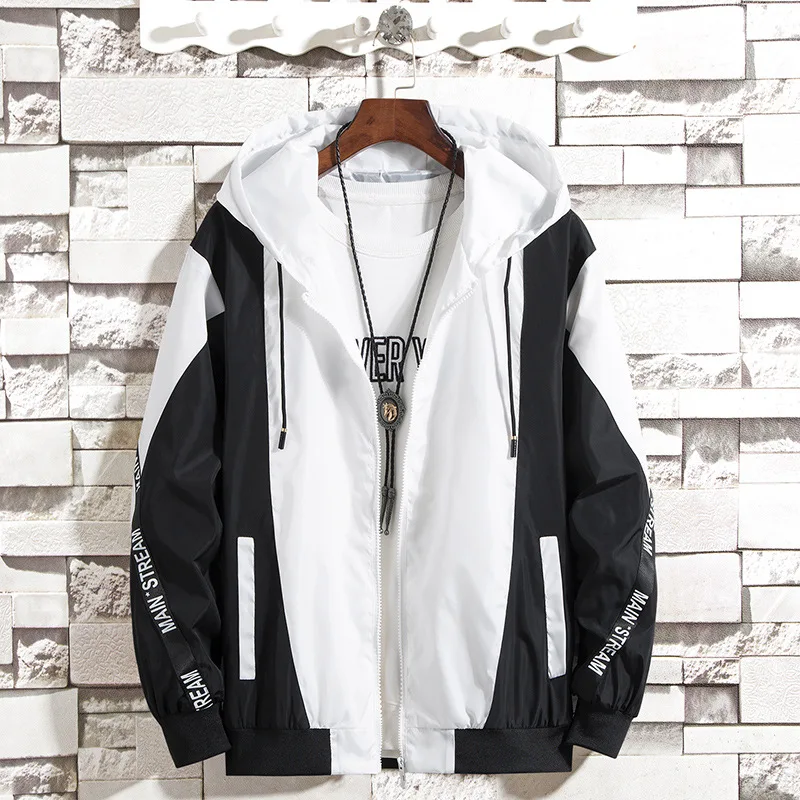 

Spring Autumn New Men's Jacket Color Contrast Cardigan Zipper Hooded Sequoia Youth Versatile Thin Loose Baseball uniform Jacket