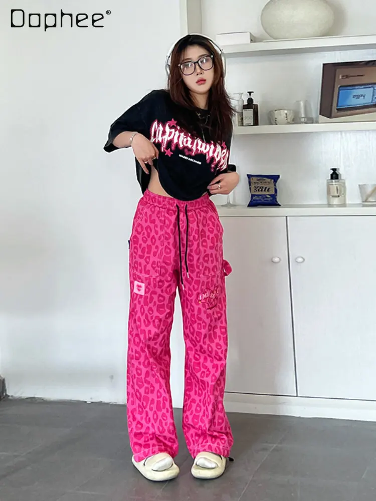 

Pink Leopard Print Wide Leg Jeans Female 2023 Spring and Summer Fashion Brand American High Street Loose Straight Casual Pants