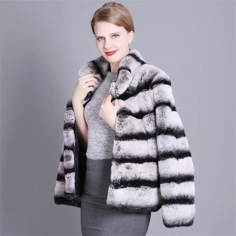 XS-6XL Winter Thick Chinchilla Color Real Fur Coat For Women Genuine Rex Rabbit Fur Coat Overcoat Jacket