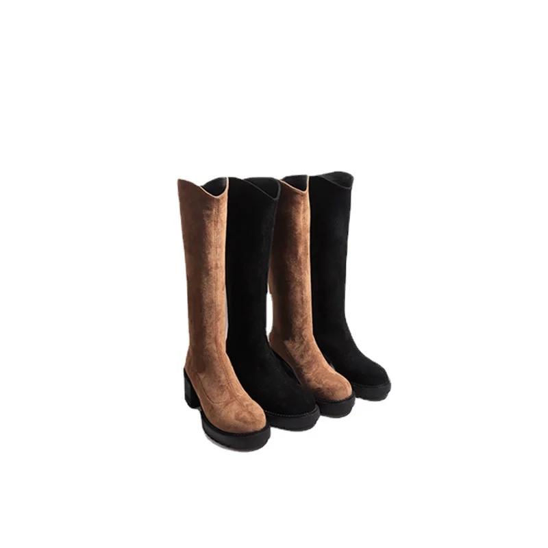 

Suede Boots Women's Below The Knee Autumn Winter 2022 New Retro Bold Back Zipper Height Increasing Skinny Knight Boots