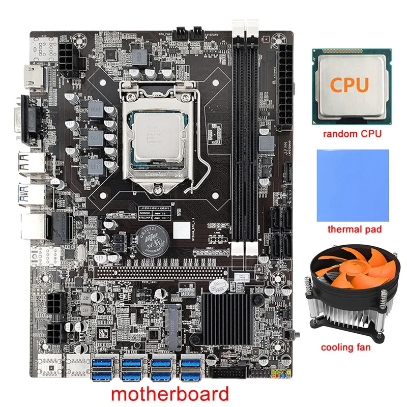 

B75 8 Card BTC Mining Motherboard+Random CPU+Cooling Fan+Thermal Pad 8 USB3.0(PCIE) GPU Slot LGA1155 DDR3 RAM SATA3.0