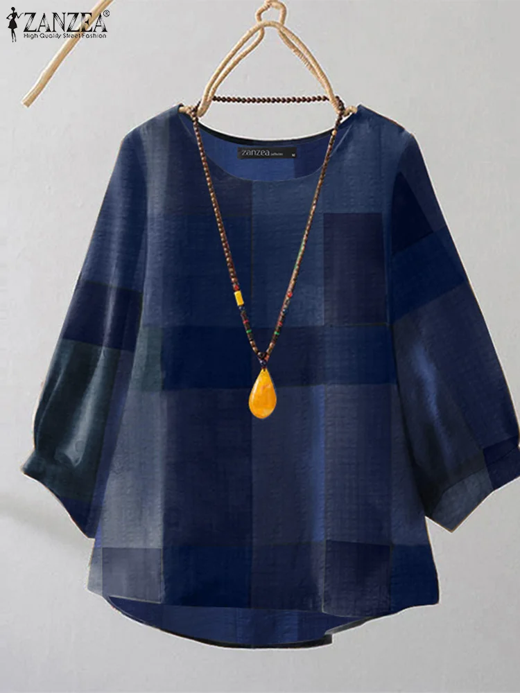 ZANZEA Женская Винтажная Клетчатая Блузка Повседневный Топ С Круглым Вырезом И