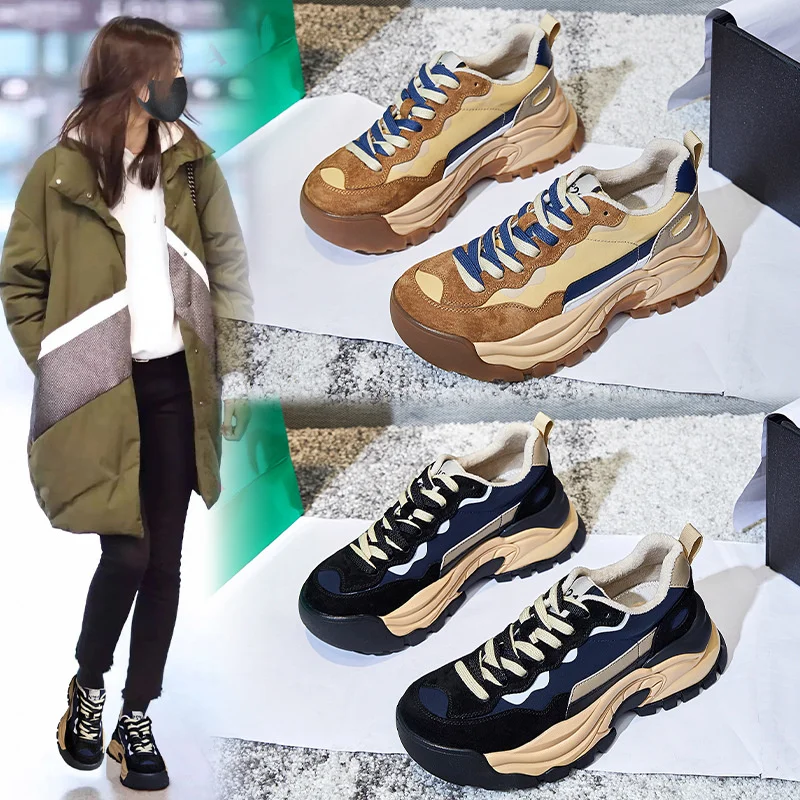

Luxury brand genuine Film absorbing leather daddy 2023 winter new flat plush single shoes thick sole versatile sports women's