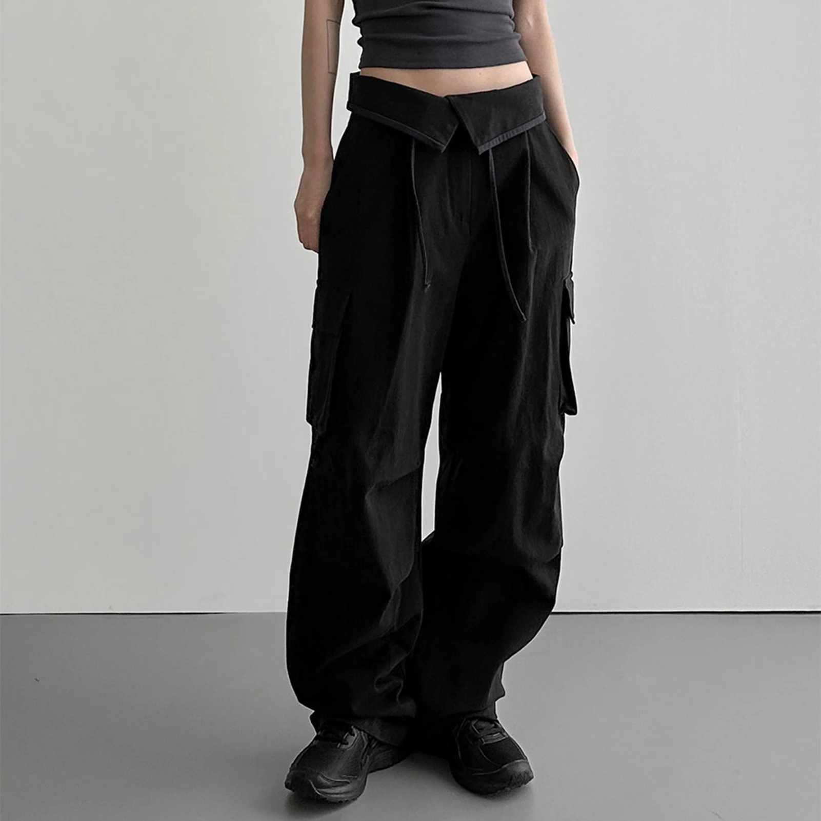 

Мешковатые брюки-карго с поясом, Дизайнерские широкие брюки Y2K с отложным воротником, мягкая удобная уличная одежда, повседневные брюки для женщин