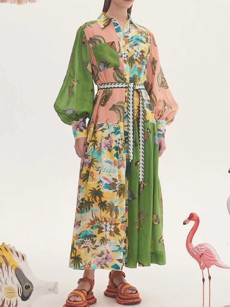 

2022 Autumn Winter Vintage Long Dress Women Green Pink Print Lantern Sleeve Single Breasted Belt Holiday