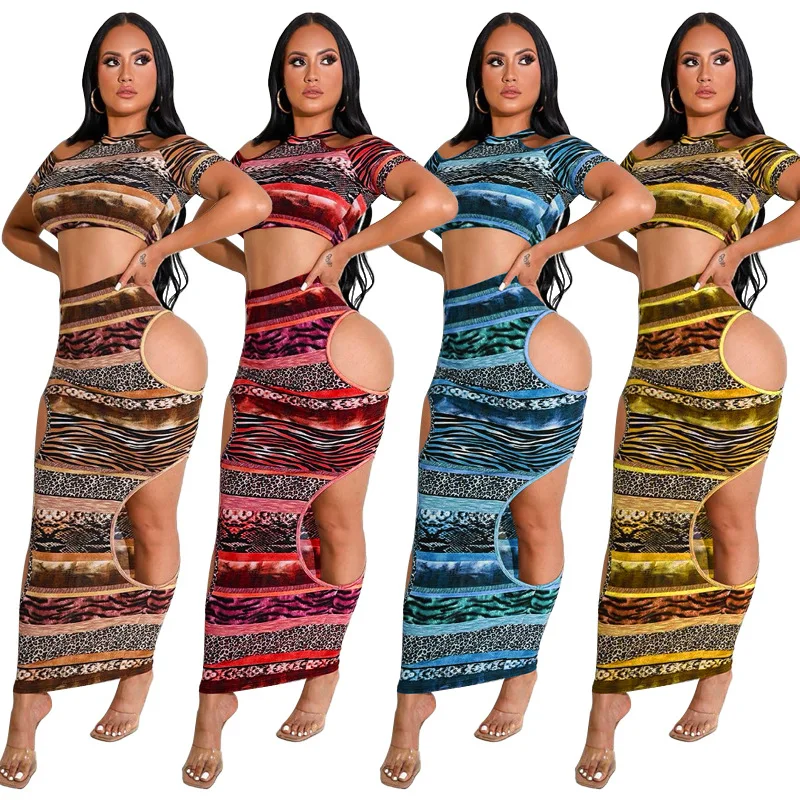 

Женский комплект из двух предметов с принтом, футболка с коротким рукавом и укороченный топ, привлекательная облегающая юбка с вырезами, лето-весна 2022