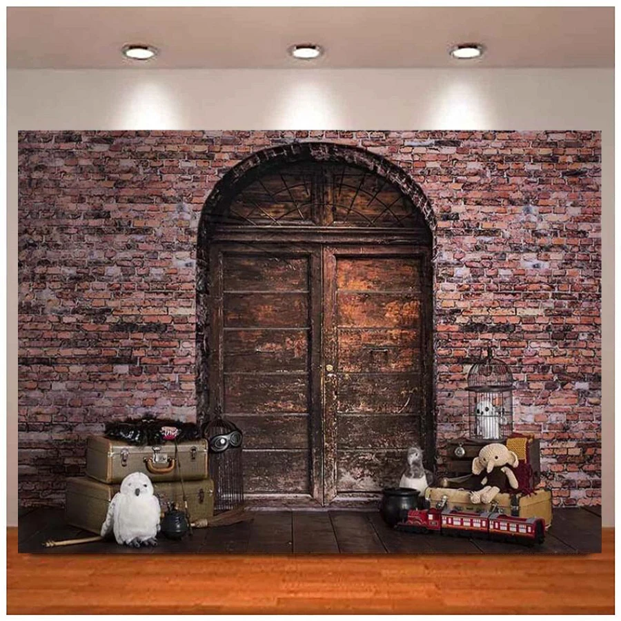 

Photography Backdrop Vintage Brick Wall with Wooden Door Newborn Baby Shower Child Birthday Party Photo Background Banner Poster