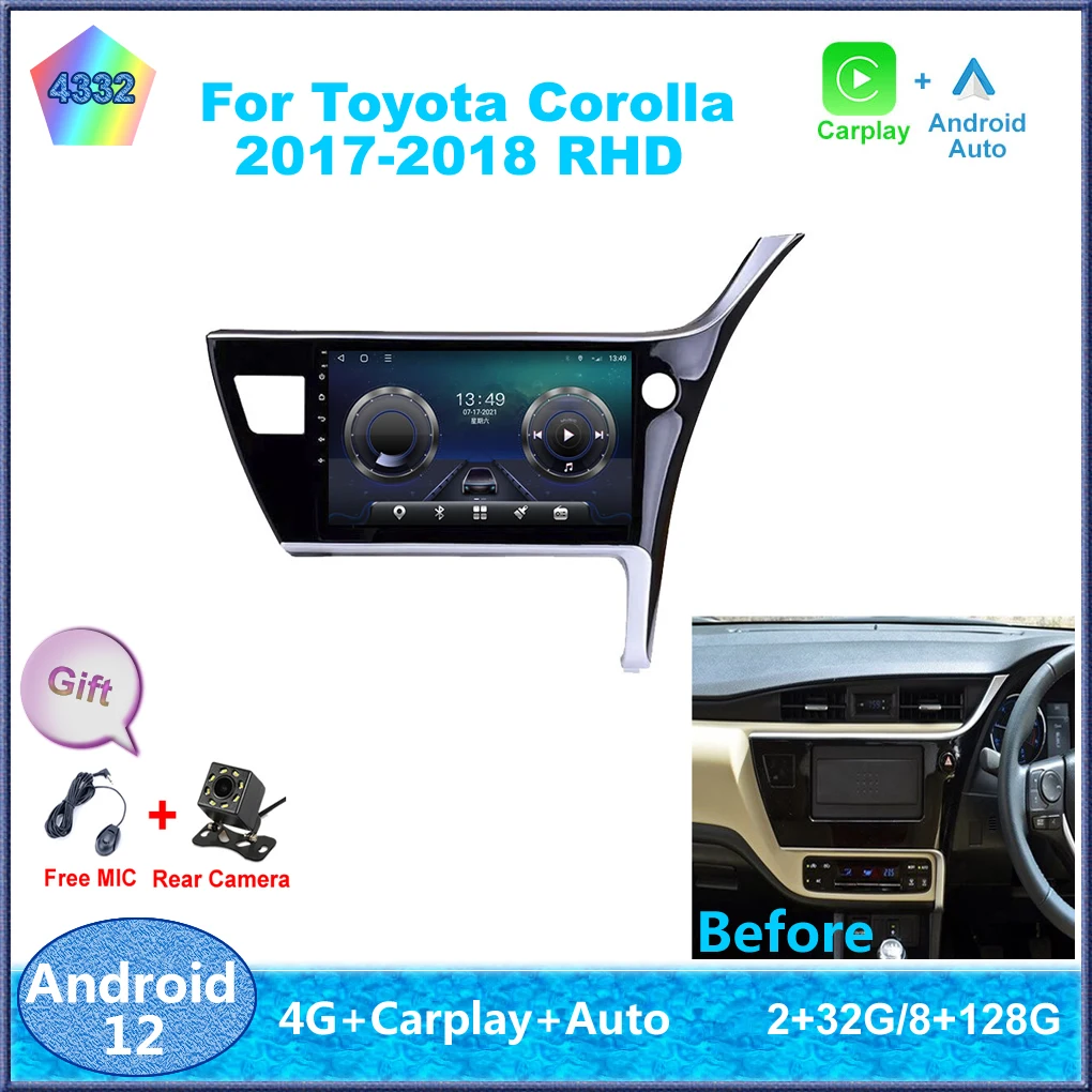 

10" For Toyota Corolla 2017-2018 RHD Android 12 Carplay Auto 4G Sim WiFi DSP RDS Car Radio Stereo Multimedia Video Player GPS