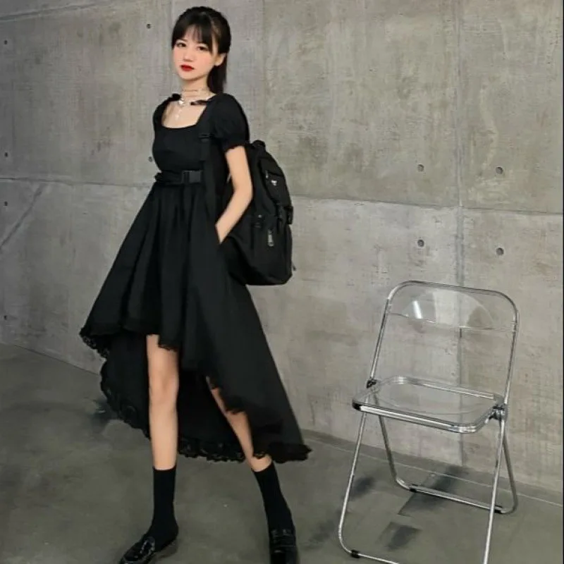 

Spring Summer Women Short Sleeve Kawaii Dress Harajuku Y2k Ruffle Irregular Gothic Vestidos Female Solid Mini Lolita Gowns