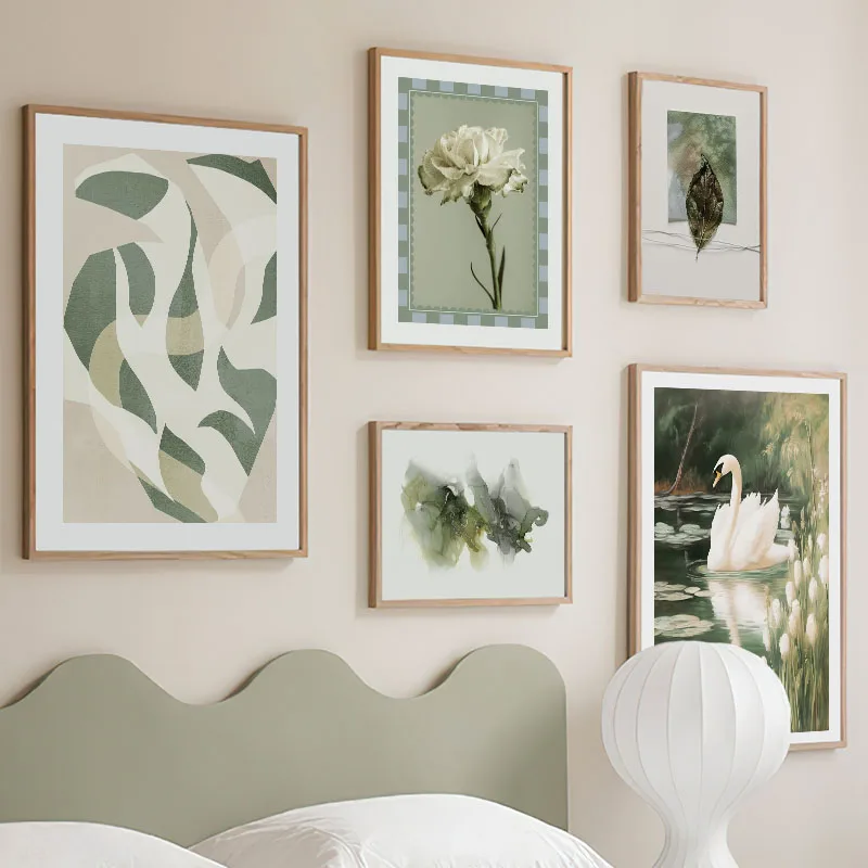 Green Mountain Lake Swan Bamboo Flower Leaves Landscape Posters &amp Prints Wall Art Canvas Painting Pictures For Living Room Decor