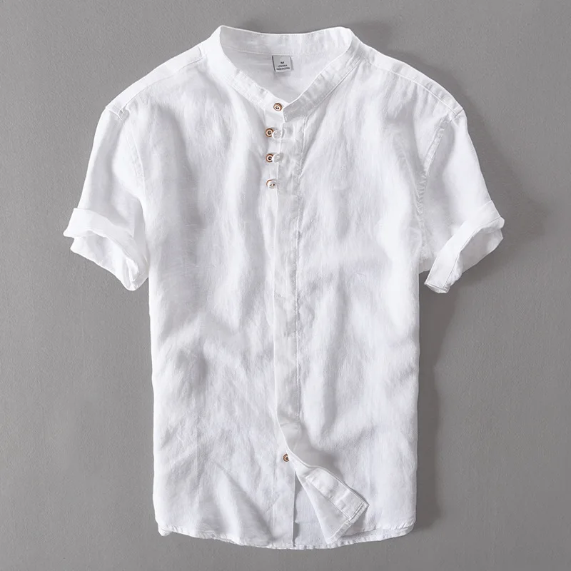 

2023 New 100% Linen Men Summer Short Sleve Shirts Casual Stand Collar Flax Shirt For Men White Camisa Masculine Chemise Homme