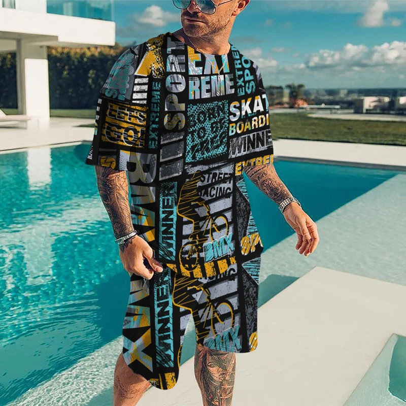 Summer Men Tracksuit 2 Piece Set Round Neck Sleeved T Shirt Sportswear Oversized Outfit Casual Streetwear Fashion Male Clothing