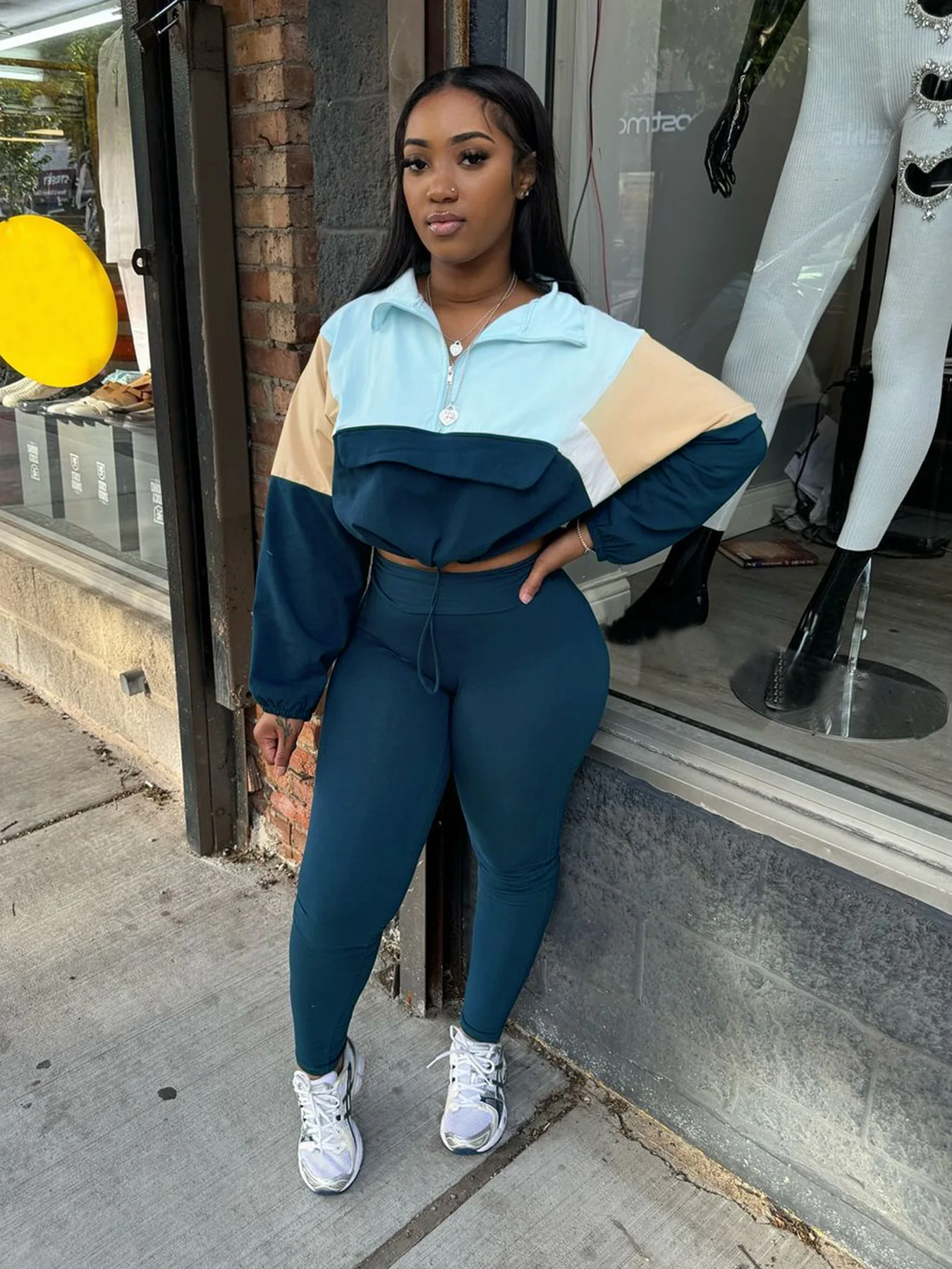 Женский спортивный костюм Осенний укороченный топ контрастных цветов свитшот и