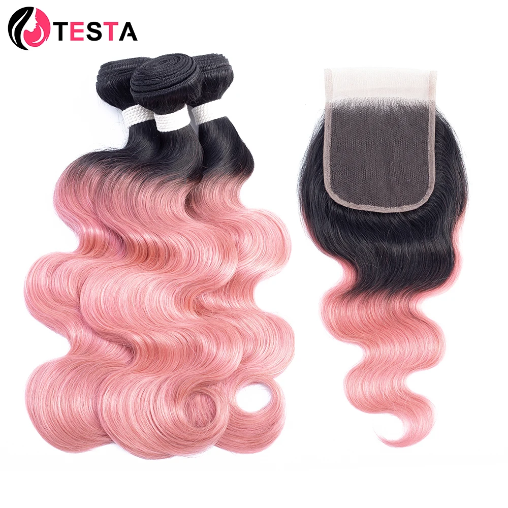 

1B Rose Gloden/Pink Body Wave Human Hair Bundles With 4x4 Lace Closure Indian Remy Hair Extensions 95-100g/Pc Double Weft