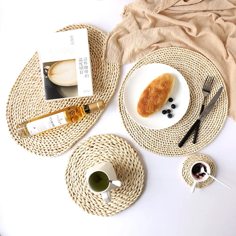 Round Rattan Placemats Corn Bale Weaving Table Mat Hand Weave Cushion Insulation Cup Coasters Straw Bowl |