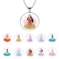 disney beautiful flower skirts dressed princess round glass cabochon dome chain pendant necklace for sweater decoration qgz211