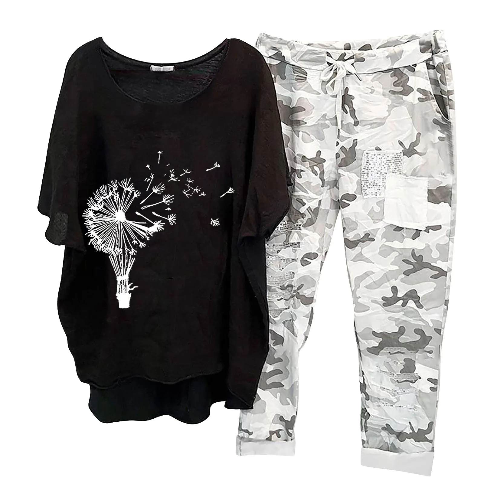 

Women Tracksuit V Neck Half Sleeve Dandelion Shirt Camouflage Irregular Hem Blouse Drawstring Pants Sets Summer Women Outfit Set