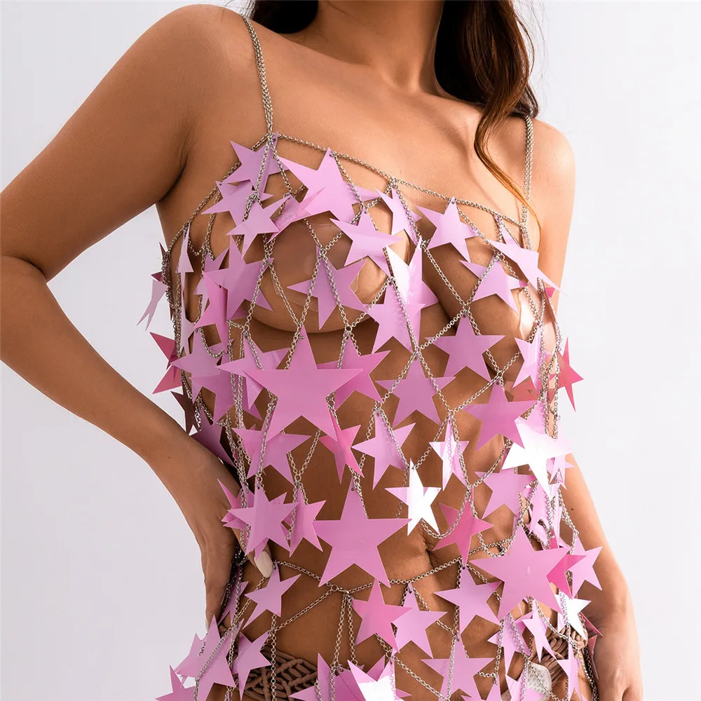 

Shiny Metal Star Sequins Tank Top With See Through Hollow Out Mini Skirt Bikini Body Chain Nightclub Party Rave Clothing