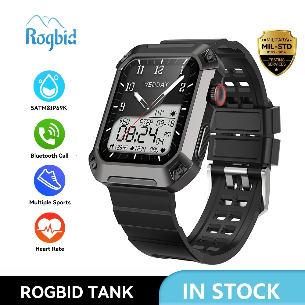 

Rogbid TANK Military Smartwatch Men's 5ATM Waterproof Rugged Outdoor Sports Fitness Tracker Make Bluetooth Call Smart Watch