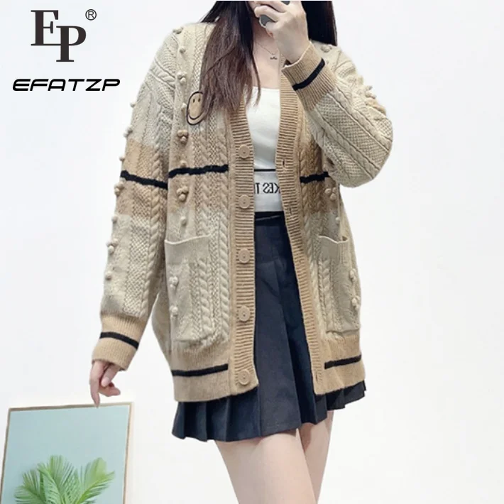 

EFATZP Women's 2022 Autumn Winter Fashion Cardigan Coat New Vintage Relaxed Lazy Style Smiley Face Knitted Sweater