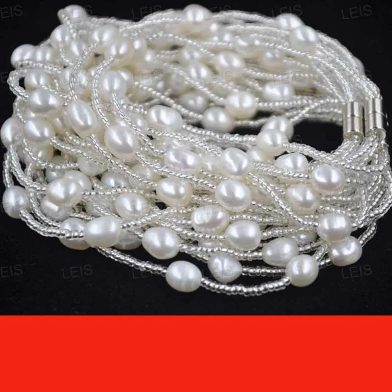 

Genuine 3rows 6mm white rice cultured freshwater pearl bracelet magnetic clasp