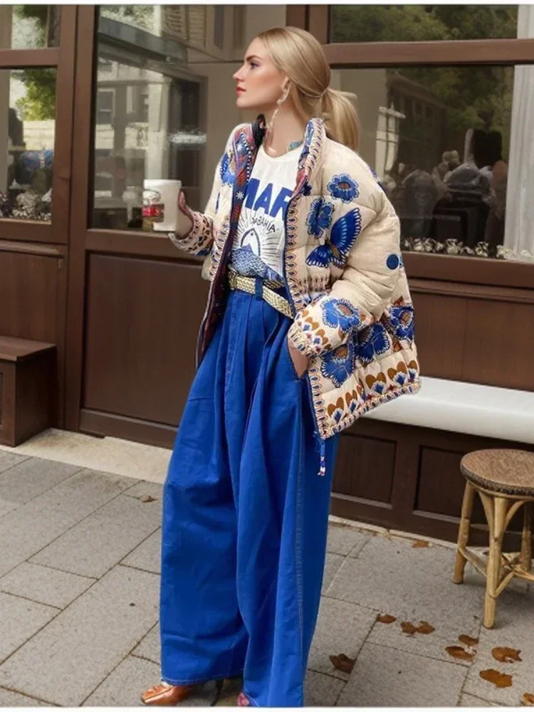 Женское Стеганое пальто на молнии свободное короткое хлопковое с этническим