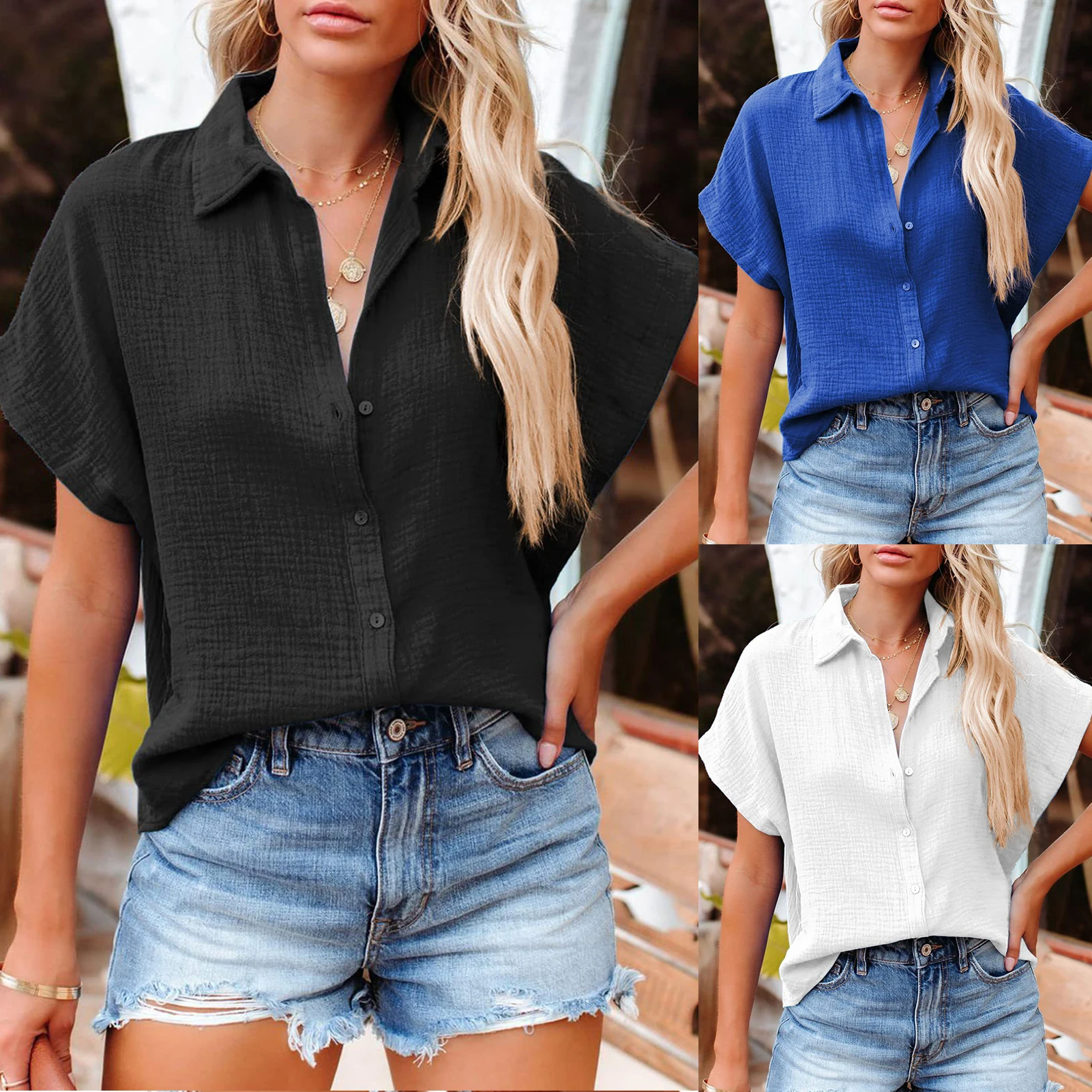 

Женская свободная футболка с пуговицами и V-образным вырезом