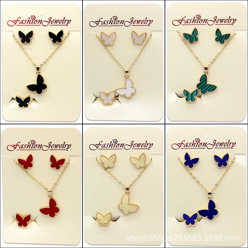 

Butterfly Necklace Ring Earring Jewelry Set for Women 2021 Fashion Metal Five Colors Double Sided Butterfly Clover Jewelry Gift