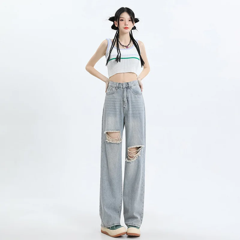 American Retro Ripped Straight Leg Jeans Women New Summer Women Clothing High Street High Waist Show Slim Loose Wide Leg Pants