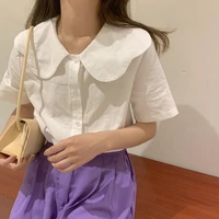 new summer vintage women shirt harajuku ruffle collar blusas top cute white button up short sleeves cotton blouses chemise femme