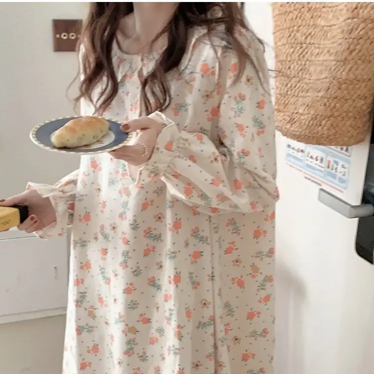 Yasuk Spring Autumn Women Casual Lovely Sweet Girl Pullover Nightdress Nightgown Pajamas Flower Gentle Lotus Sleeves Lace Soft