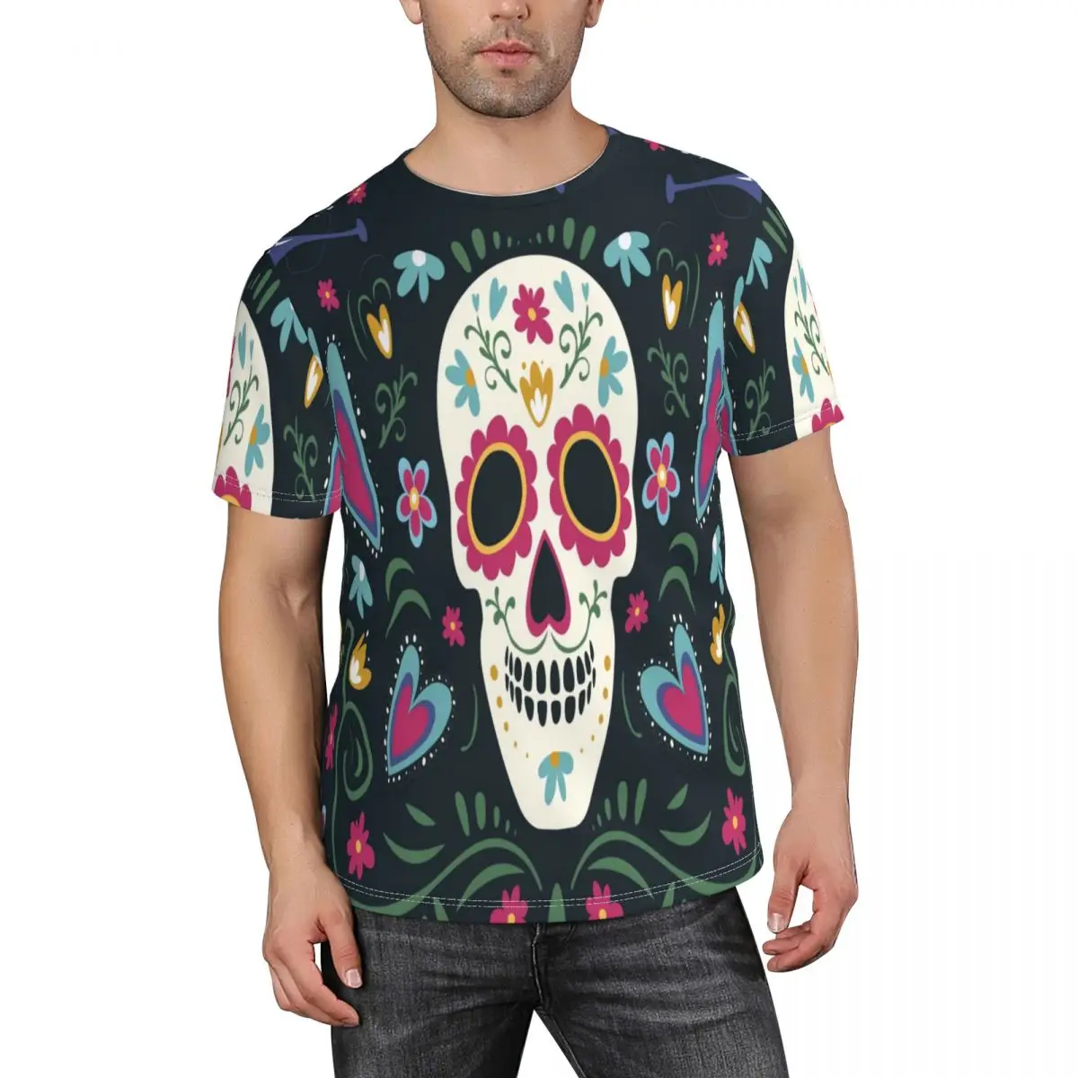 

Мужские и женские модели футболок топы с изображением Дня мертвых черепов Повседневная мужская футболка с коротким рукавом