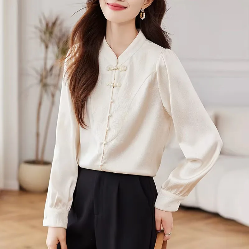 Новая женская рубашка с длинным рукавом воротником-стойкой блузка женские топы