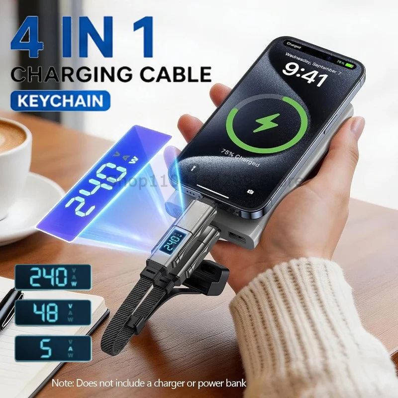 Фото Универсальный зарядный кабель-брелок 4-в-1, 65 Вт, USB-C с дисплеем V/A/W, Type-C для Apple, портативный шнур для iPhone/iPad/Samsung/ноутбуков №1