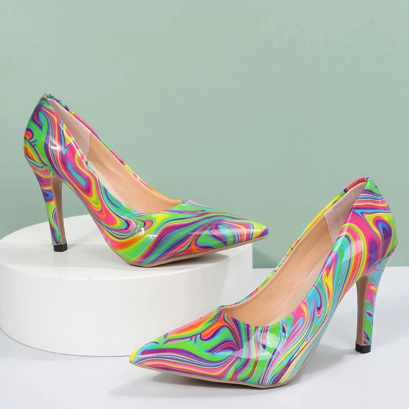 

2023 New Women High Heel Sandals Colorblock Point Toe Fashionable Stiletto Heeled Large Size 42 43 Glamorous Summer Female Shoes