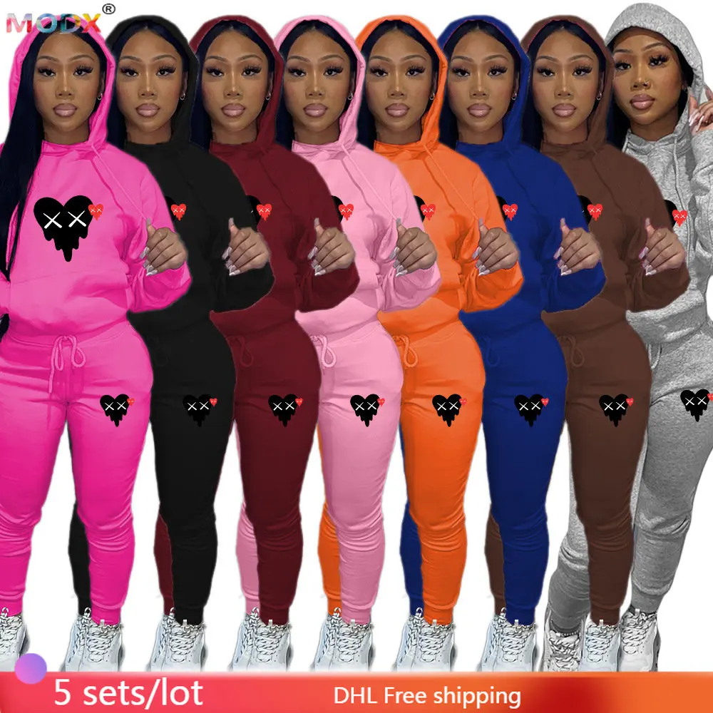 

2022 Jogging Suit Women Tracksuits Casual Heart Print 2 Piece Set Lady Outfit Cute Long Sleeve Hoodies Pants Suit Wholesale 8922